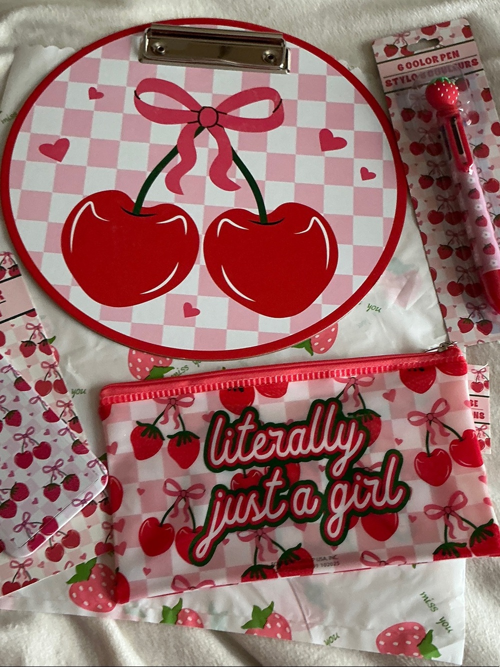 Kids Cherry Print Pencil Case, Clipboard, Pen & Badge Holder (4) Pcs - Pink/Red